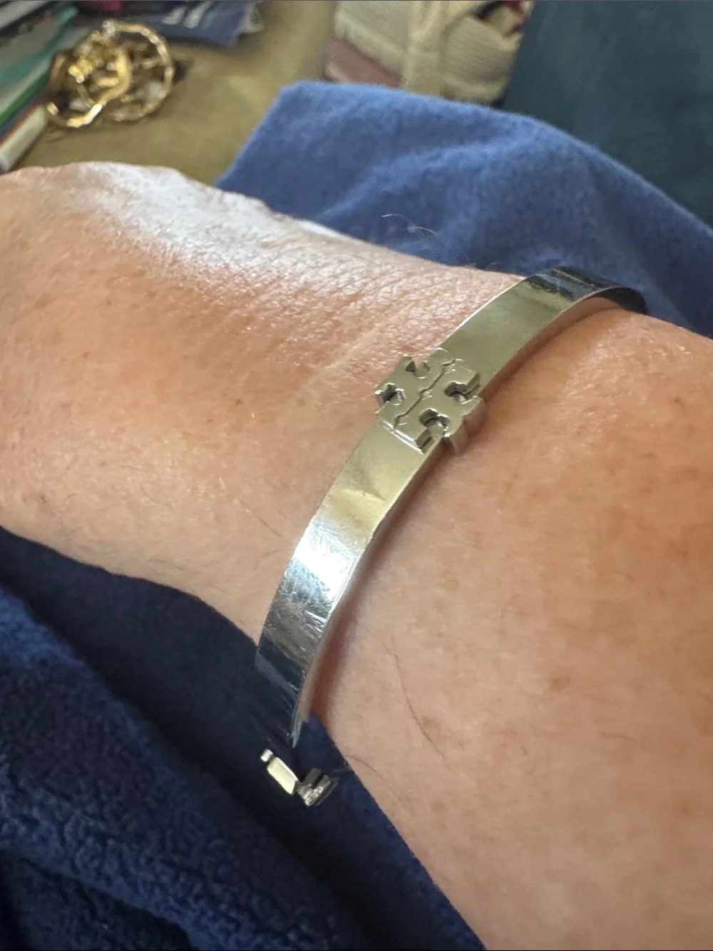 Tory Burch Polished Silver Logo Hinged Bracelet